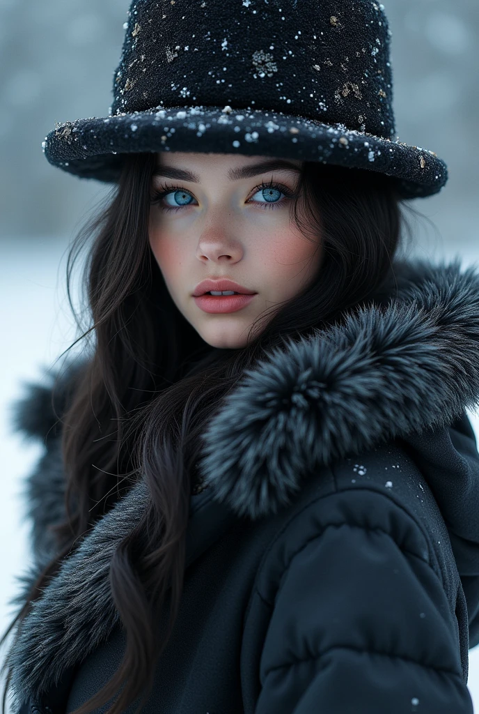 A female with black hair and blue eyes in a furcoat and a fut hat