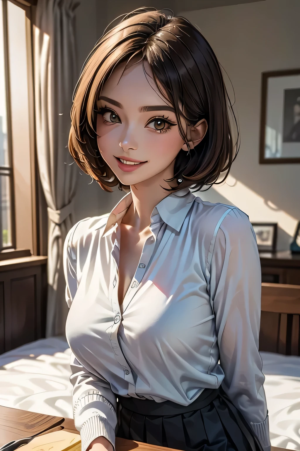 1 female, (Beautiful face with detailed shading), whole body, 40s, (Big Breasts), Brown eyes, (Pink Cardigan), Open cardigan, White camisole blouse, (Yellow pleated skirt), White Knee High, On the bed, (Tabletop)), ((Highest quality)), (Very detailedな), ((Charm)), ((Very detailed)), 4K, (8k), Highest quality, (beautiful), (((World Class Quality))), Very detailed, High resolution