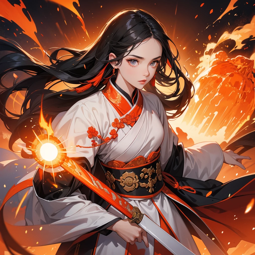 beautiful woman black-haired male general holding a large sword in white ancient Chinese general costume, Surrounded by a volcano erupting, red and orange, surrounded by volcanic rocks, sunset, close up.