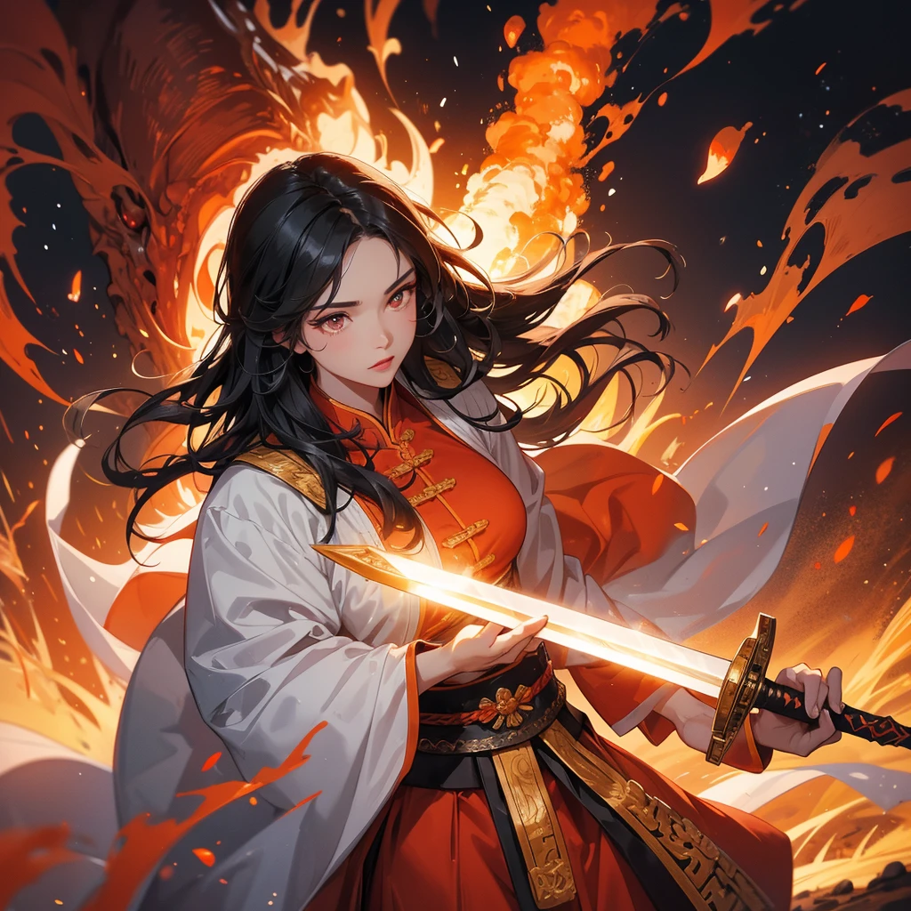 beautiful woman black-haired male general holding a large sword in white ancient Chinese general costume, Surrounded by a volcano erupting, red and orange, surrounded by volcanic rocks, sunset, close up.