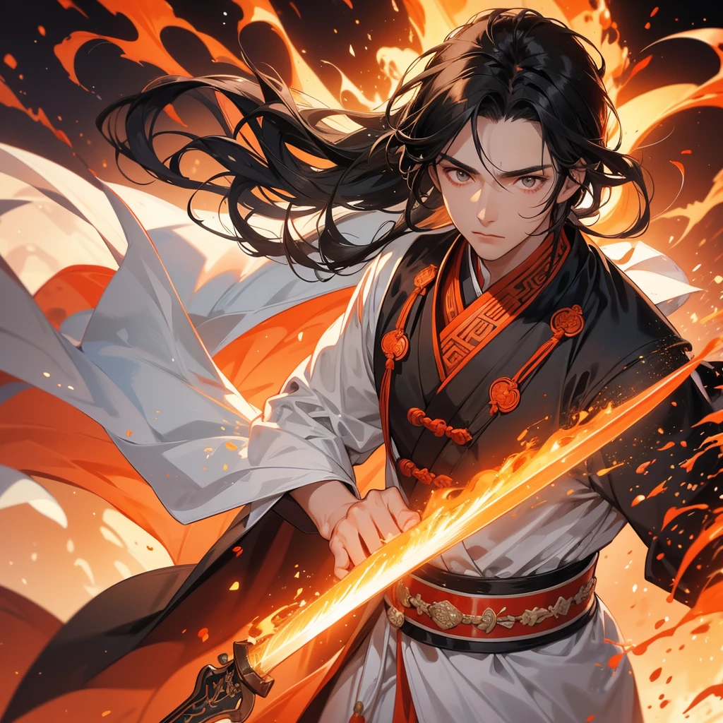 Handsome black-haired male general holding a large sword in white ancient Chinese costume, Surrounded by a volcano erupting, red and orange, surrounded by volcanic rocks, sunset, close up.