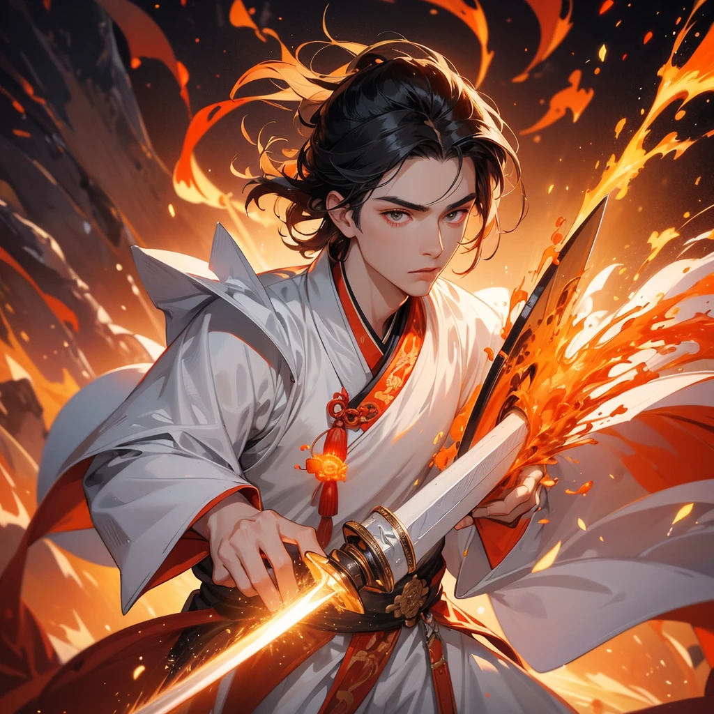 Handsome black-haired male general holding a large sword in white ancient Chinese costume, Surrounded by a volcano erupting, red and orange, surrounded by volcanic rocks, sunset, close up.