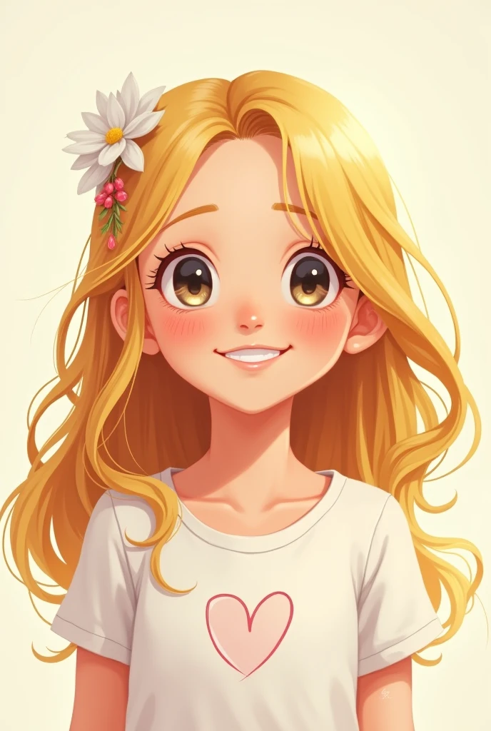 Create a smiling girl with blonde hair all thrown to the right side, with a white ornament on her head and a white top with a heart drawn on it. 