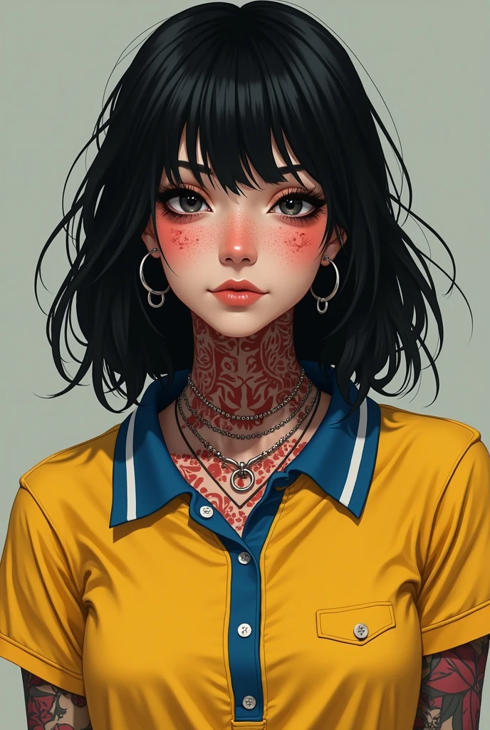 Make a young adult woman brown, medium length black hair. large cilia. red tattoos on the body. Piercings no nariz e rosto. She is wearing a yellow polo shirt with a blue collar..