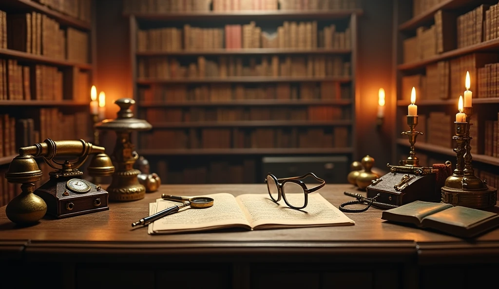 There is a candle and some vintage items on both sides of the table,Vintage telephone、magnifier、Glasses and other vintage items,Keep the middle of the desk blank 、Alchemist's Library Background, Magic Library, Exquisitely detailed miniature model, ancient library, Detailed scenery —width 672, High Detail photo, Small Library, Fantasy Alchemist's Laboratory, High Detail), gothic library, Ultra-detailed pictures, The wizard's apothecary, Gothic Epic Library, Magician's Chamber