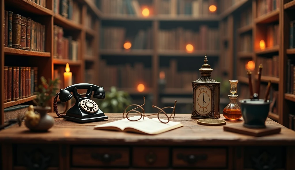 There is a candle and some vintage items on both sides of the table,Vintage telephone、magnifier、Glasses and other vintage items,Keep the middle of the desk blank 、Alchemist's Library Background, Magic Library, Exquisitely detailed miniature model, ancient library, Detailed scenery —width 672, High Detail photo, Small Library, Fantasy Alchemist's Laboratory, High Detail), gothic library, Ultra-detailed pictures, The wizard's apothecary, Gothic Epic Library, Magician's Chamber