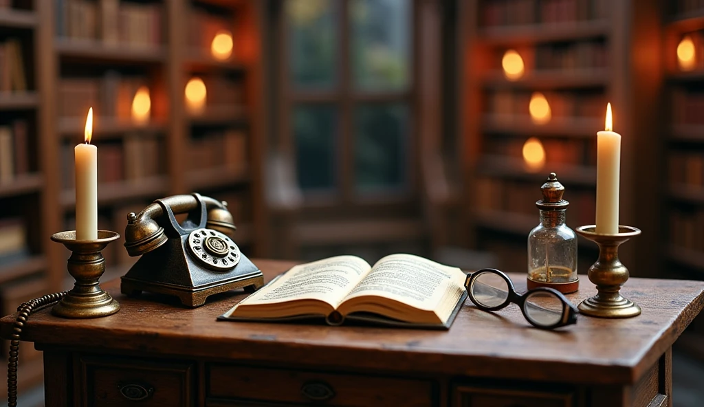 There is a candle and some vintage items on both sides of the table,Vintage telephone、magnifier、Glasses and other vintage items,Keep the middle of the desk blank 、Alchemist's Library Background, Magic Library, Exquisitely detailed miniature model, ancient library, Detailed scenery —width 672, High Detail photo, Small Library, Fantasy Alchemist's Laboratory, High Detail), gothic library, Ultra-detailed pictures, The wizard's apothecary, Gothic Epic Library, Magician's Chamber