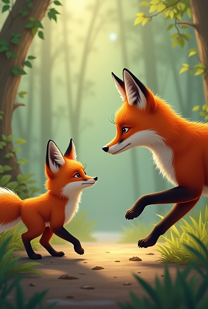 A fox with a curious impression,ears perked up seeing her mother jump