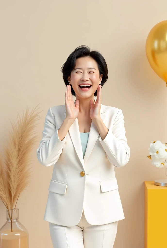 A middle-aged Korean woman in a white suit cheering happily with both hands over her mouth, 2.5D