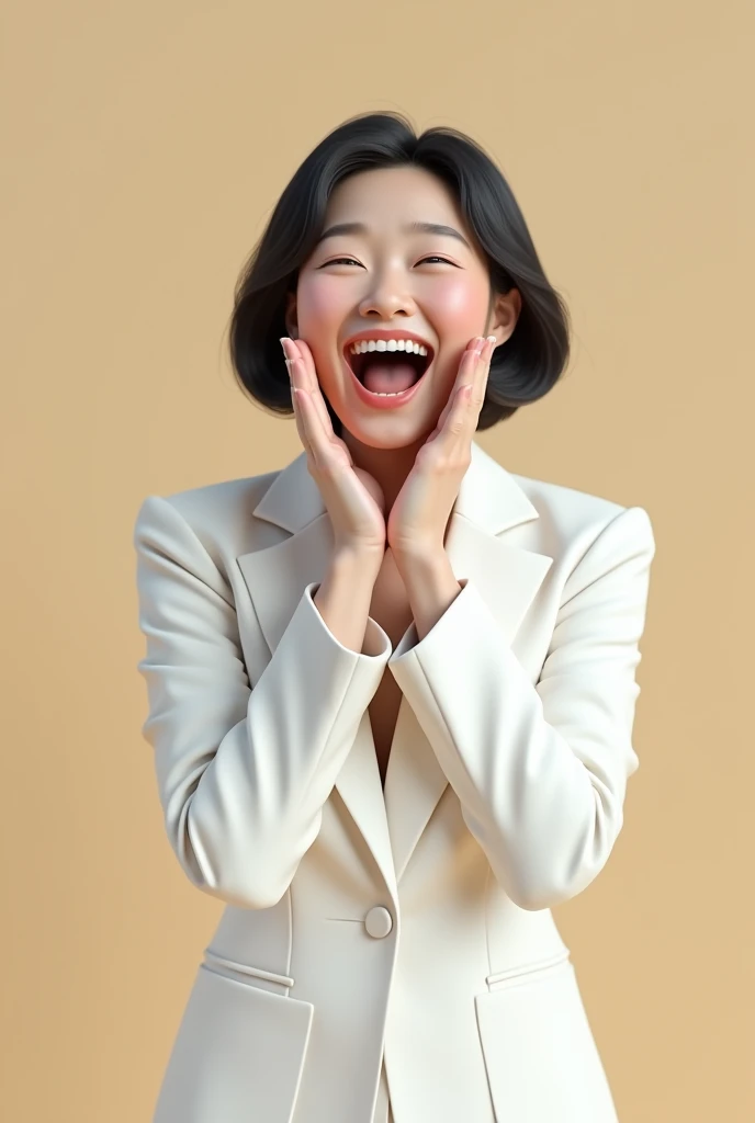 A middle-aged Korean woman in a white suit cheering happily with both hands over her mouth, 2.5D