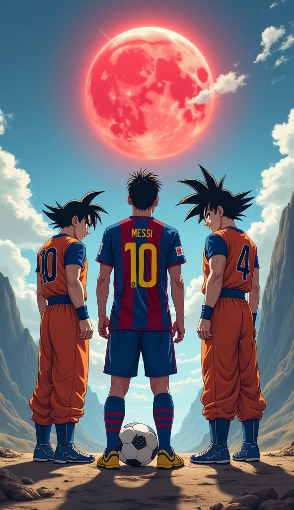 Generate an image showing Lionel Messi alongside Dragon Ball Z characters, like Goku and Vegeta, in a pleasant landscape. The background should include an apocalypse and mountains in the background, under a blue sky with some fluffy clouds and a red moon . Messi must be holding a soccer ball on his left foot, while Goku and Vegeta are at his side with their backs turned.