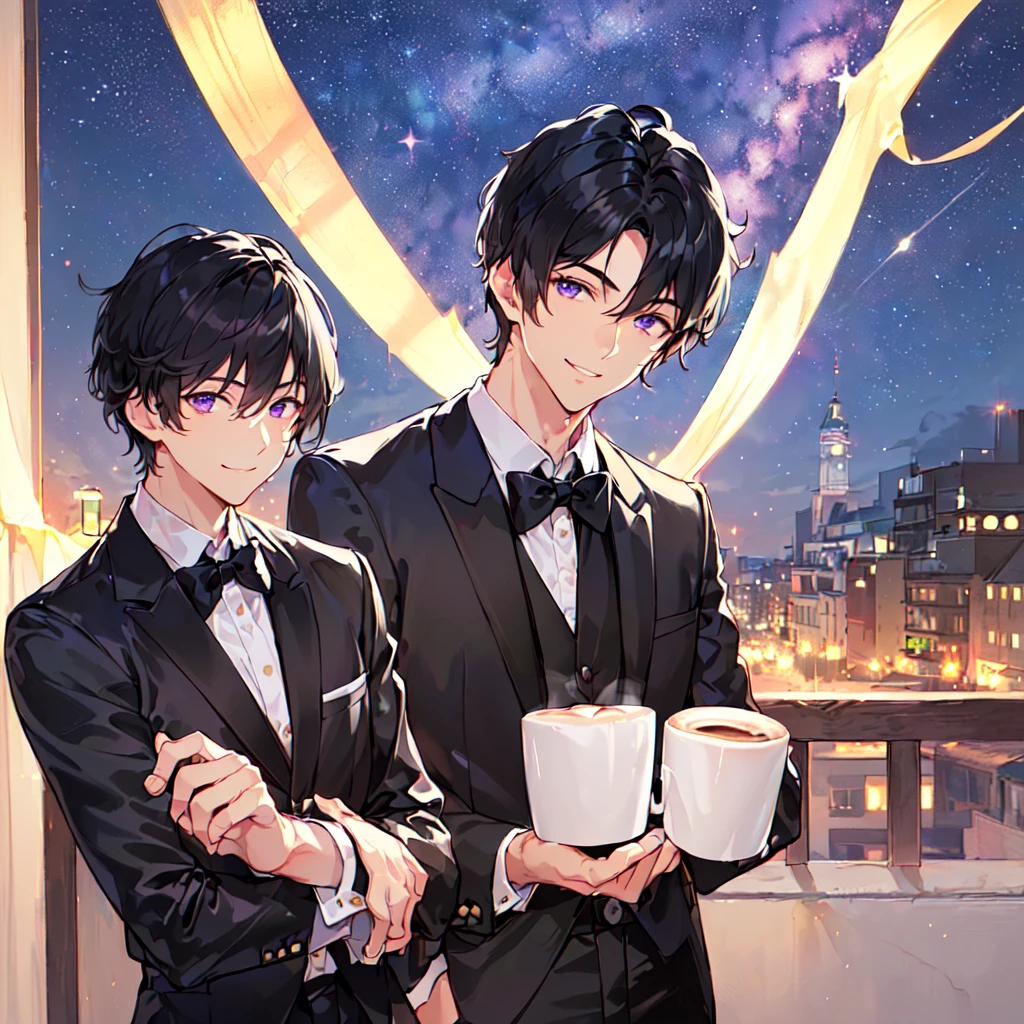 masterpiece,best quality,high quality,(1 male austere handsome solo adult 0 years old:1.5), purple eyes, cool with suspended eyes, V-shaped eyebrows, body strong and fearless 8.5 head tall, height 185cm, (well-groomed black short hair:1.4), (bangs in three (hair parted in three parts:1.4), slender nose, facial muscles, throat, (coffee cafe costume black tie black pants:1.3), (serving:1.3), (stylish pose), (cool smile:1.3), (upper body:1.3),(background coffee cafe:1.3) , (Milky Way Nighty:1.3)