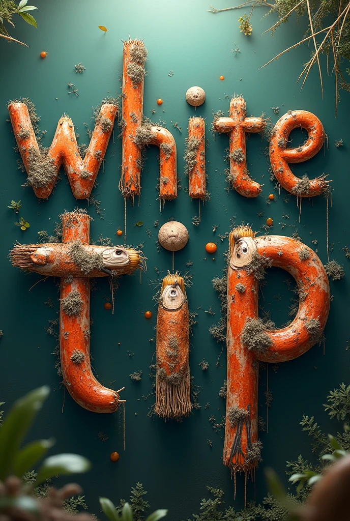 Create a text that says "White Tip" where each letter is made up of images related to livestock and fishing. Includes details such as livestock, Fishing nets, pieces, and elements of a swamp in the design of the letters. The style must be photorealistic (1.2), with attention to detail and natural colors that reflect the cultural environment of the community.