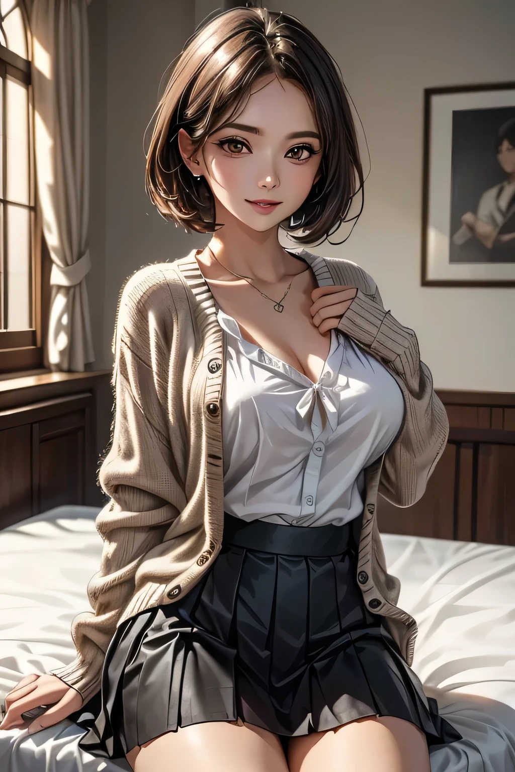 1 female, (Beautiful face with detailed shading), whole body, 40s, (Big Breasts), Brown eyes, (Pink Cardigan), Open cardigan, White camisole blouse, (Yellow pleated skirt), White Knee High, On the bed, (Tabletop)), ((Highest quality)), (Very detailedな), ((Charm)), ((Very detailed)), 4K, (8k), Highest quality, (beautiful), (((World Class Quality))), Very detailed, High resolution