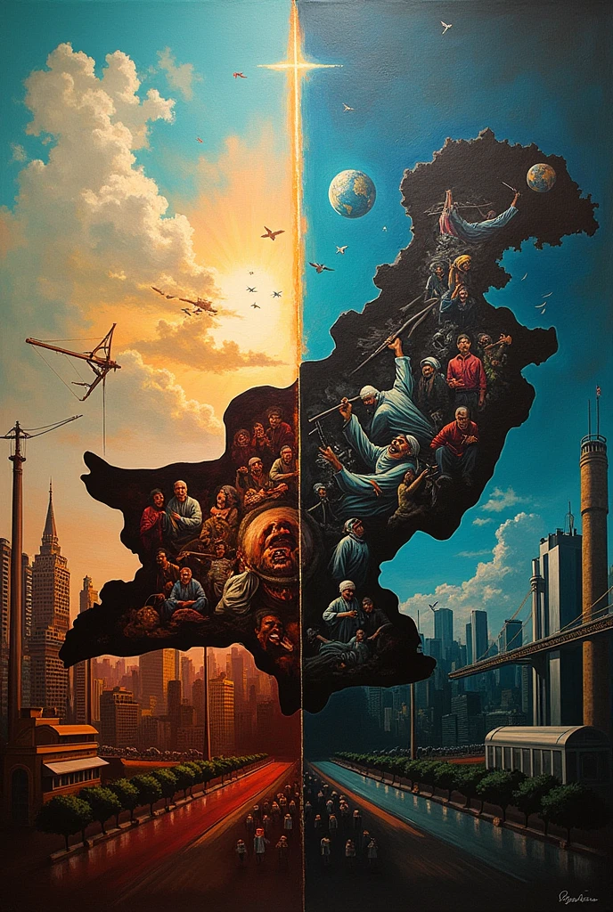 on one side of a painting show development of country and on other side show how a country suffers from being tortured and draw the map of pakistan in the middle
