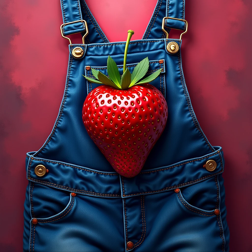 a red strawberry with Jeans overalls, Intense neo dark pink and blue background