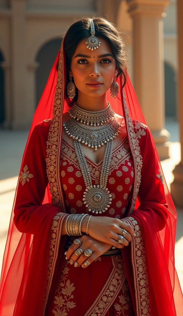 A young woman in a traditional red outfit, adorned with intricate embroidery and embellishments, poses gracefully. She wears a matching red dupatta, elegantly draped over her head and shoulders, with detailed silver and gold jewelry that includes layered necklaces and rings. The backdrop features architectural elements, suggesting a historic setting. The soft lighting accentuates her serene expression and the richness of her attire.