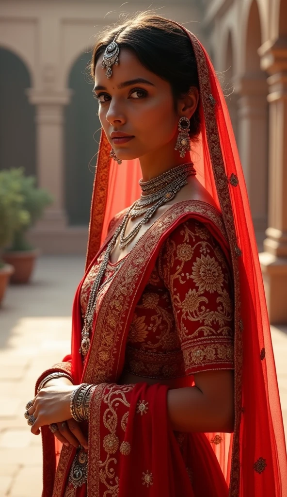 A young woman in a traditional red outfit, adorned with intricate embroidery and embellishments, poses gracefully. She wears a matching red dupatta, elegantly draped over her head and shoulders, with detailed silver and gold jewelry that includes layered necklaces and rings. The backdrop features architectural elements, suggesting a historic setting. The soft lighting accentuates her serene expression and the richness of her attire.