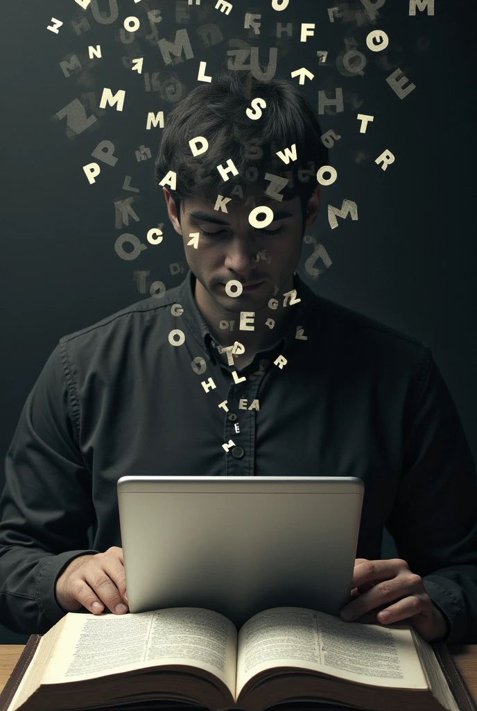 Simply a complex image with great meaning, letters falling on a computer keyboard digital on top of a book , man laptop on hand