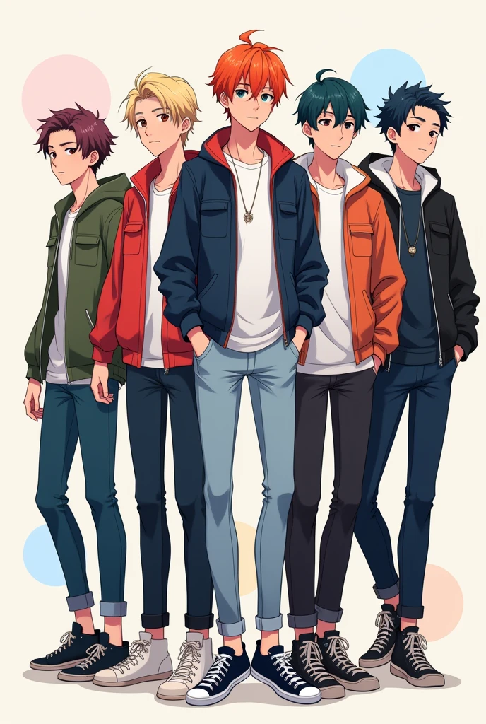 Anime poster with 5boy friendly group casual look and clothes very designers