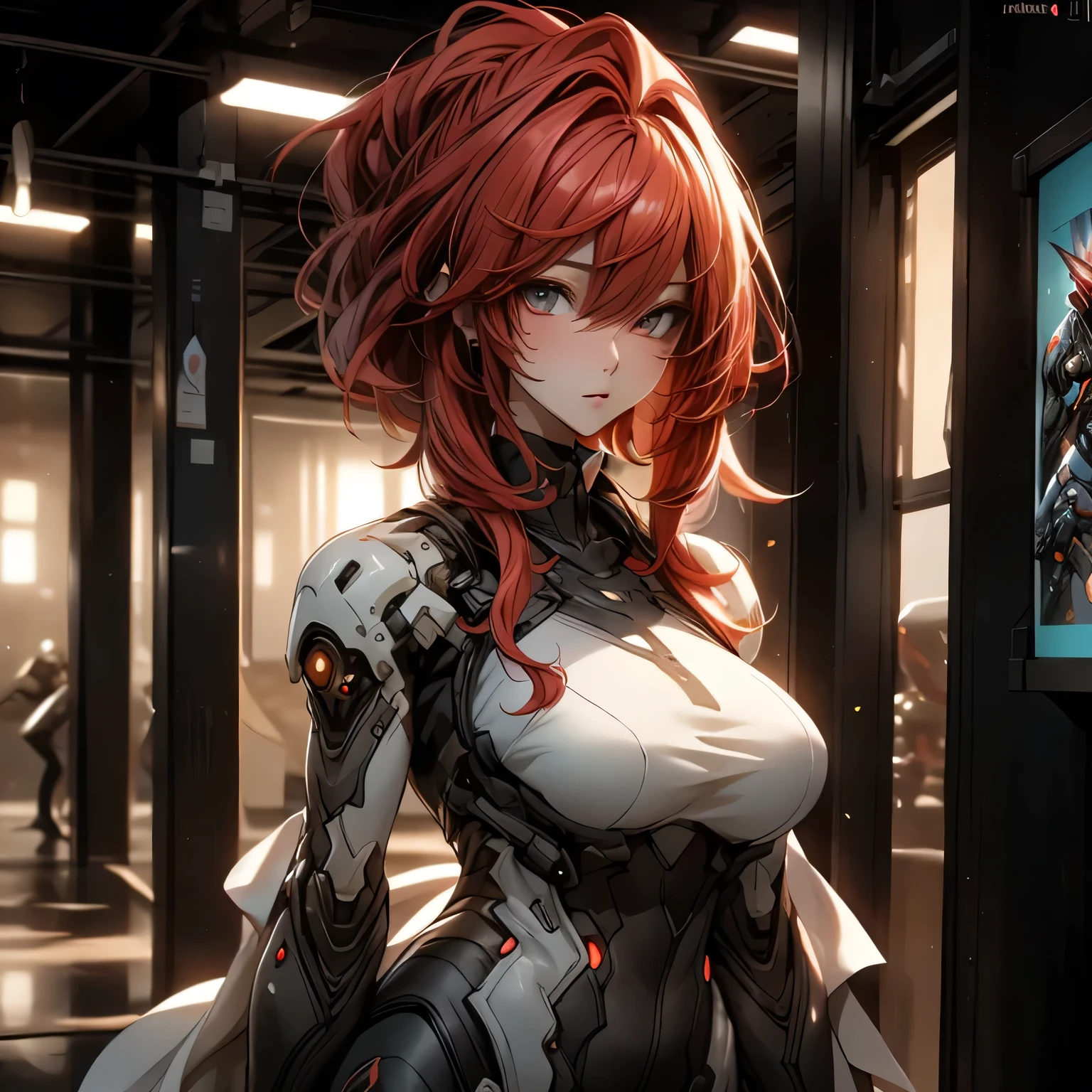 ((best quality)), ((Masterpiece)), (details:1.4), 3d, Image of a beautiful cyberpunk woman., HDR (high dynamic range), mature woman, Hips up, Curtain Bangs, Red hair, white eyes, battle suit, Light black armor, PBR surface, After processing, Anisotropic filtration,depth of field, Maximum clarity and clarity, multi-layered surface, perfect proportions, 8K raw files, cyberpunk, at night, ผมหลายชั้น, กระโปรงสั้น, natural lighting, soft lighting, sunlight, หน้าอกใหญ่,