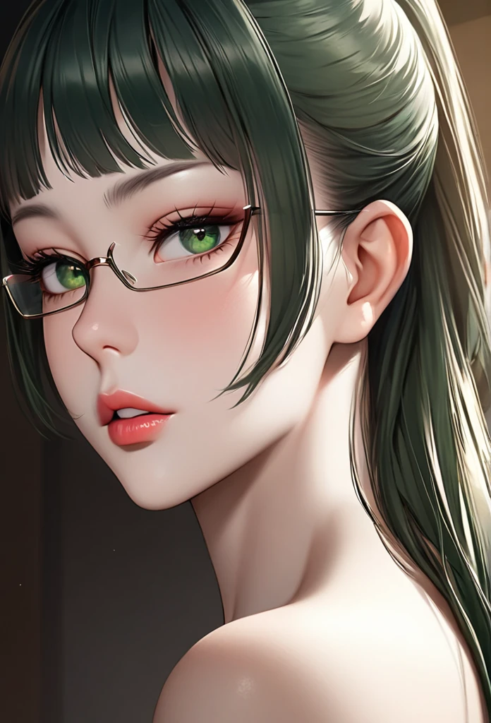 1girl, elegant erotic  beautiful girl, big breasts, ((long green hair with pony tail and straight bangs)), glasses, maxi dress, adultery, indecent, vulgar, (best quality,4k,8k,highres,masterpiece:1.2),ultra-detailed,(realistic,photorealistic,photo-realistic:1.37),intricate details, delicate facial features, beautiful eyes, ulzzang, long eyelashes, small nose, full lips, porcelain skin, natural lighting, warm color palette, chiaroscuro lighting, dramatic shadows, sensual, alluring, mature themes, artistic, dreamlike, ethereal, sideboob, cleavage, looking at viewer, ulzzang, (green eyes), (close up face portrait),