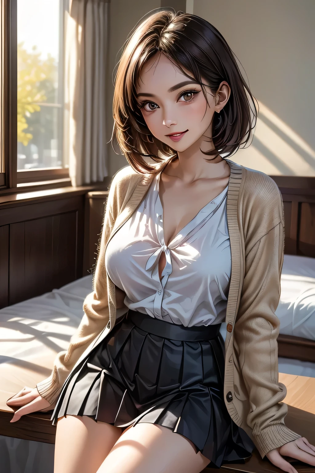 1 female, (Beautiful face with detailed shading), whole body, 40s, (Big Breasts), Brown eyes, (Pink Cardigan), Open cardigan, White camisole blouse, (Yellow pleated skirt), White Knee High, On the bed, (Tabletop)), ((Highest quality)), (Very detailedな), ((Charm)), ((Very detailed)), 4K, (8k), Highest quality, (beautiful), (((World Class Quality))), Very detailed, High resolution