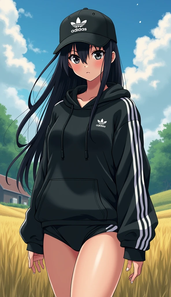 sexy tall anime girl, long black hair, black eyes, barefoot, wear black adidas cap, wear black adidas hood, wear black adidas hot pants, background is countryside