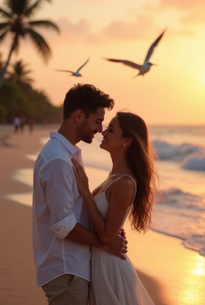Two lovers enjoy their precious moments with holding hand in beach