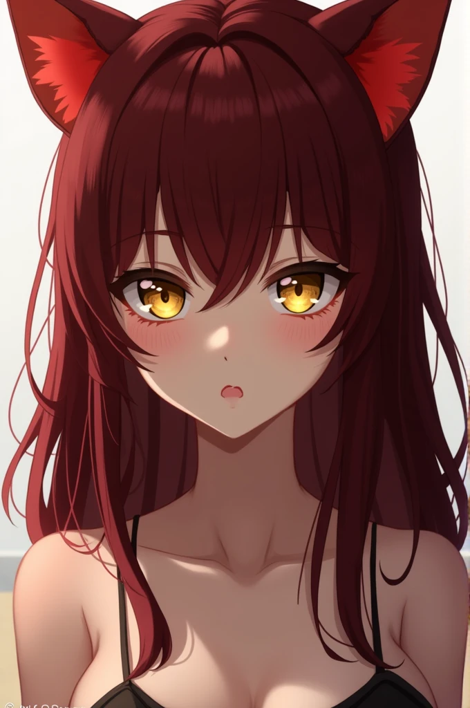 Anime-Character, of a young woman with red, cat-like ears. Her hair is long and dyed a rich dark red, which falls gently over her shoulders. Her eyes are large and shine in an intense yellow tone, which gives her a mysterious and at the same time determined expression. The character is naked and wears nothing. The character radiates a calm, but powerful presence, which, due to its cat-like features, also has a certain playfulness and wildness.