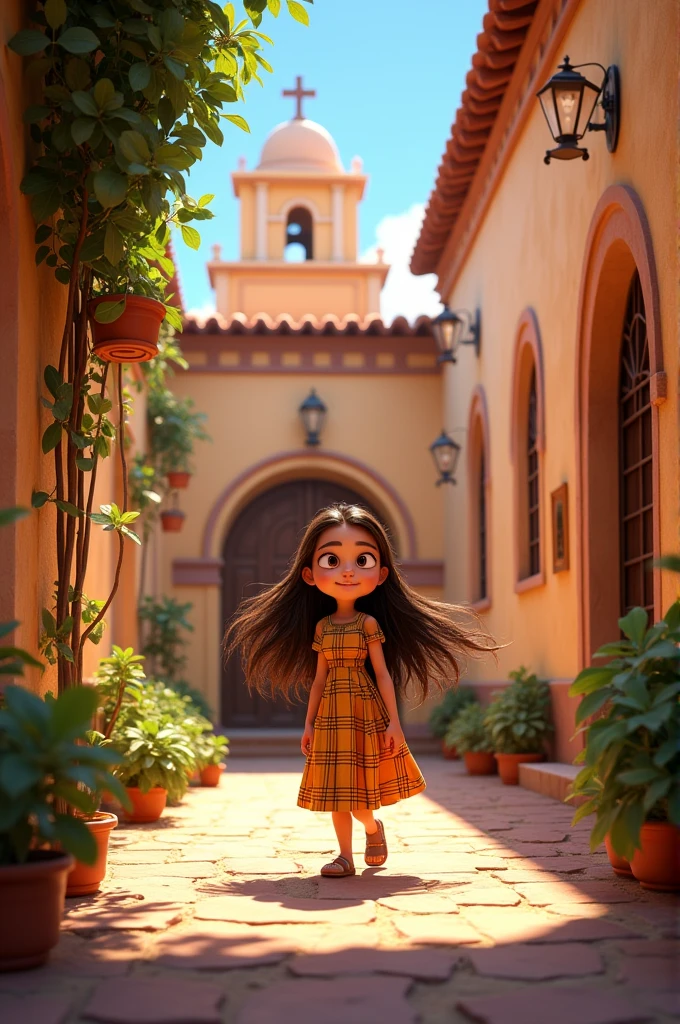  girl with long hair, brown eyes and a checkered dress walking in the Santa Catalina Monastery of Arequipa in a Disney Pixar drawing