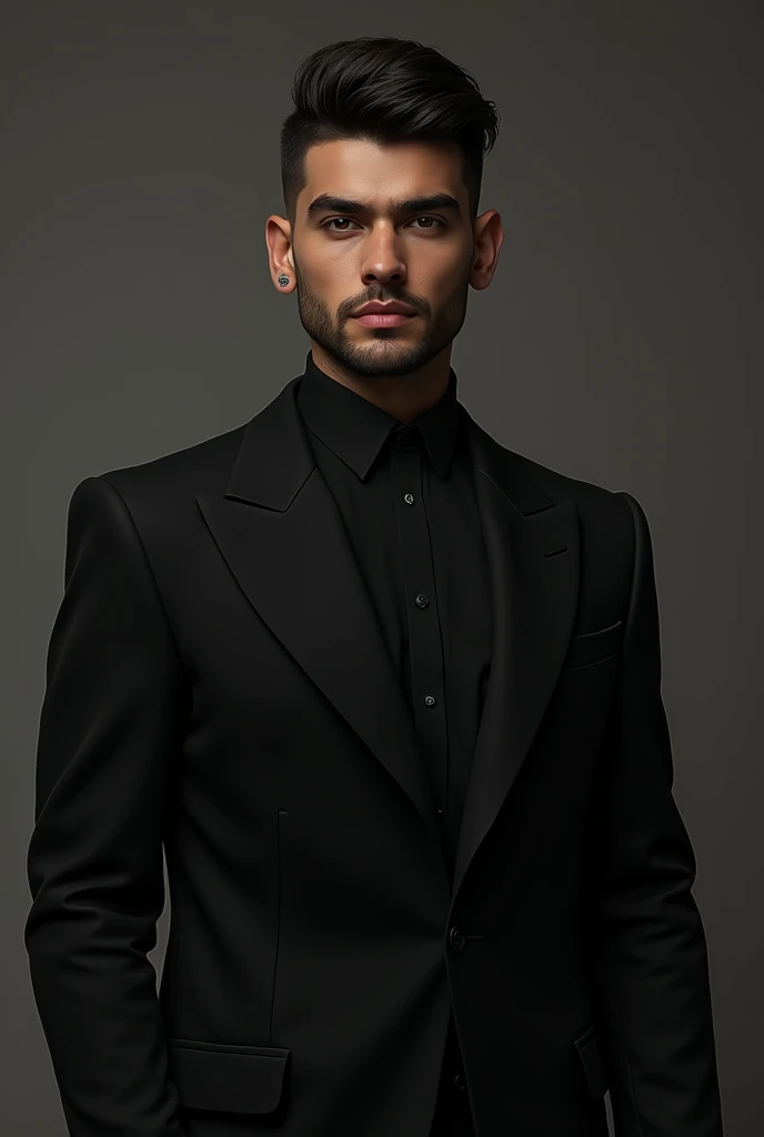 Zayn Malik in black suit with single stand haircut