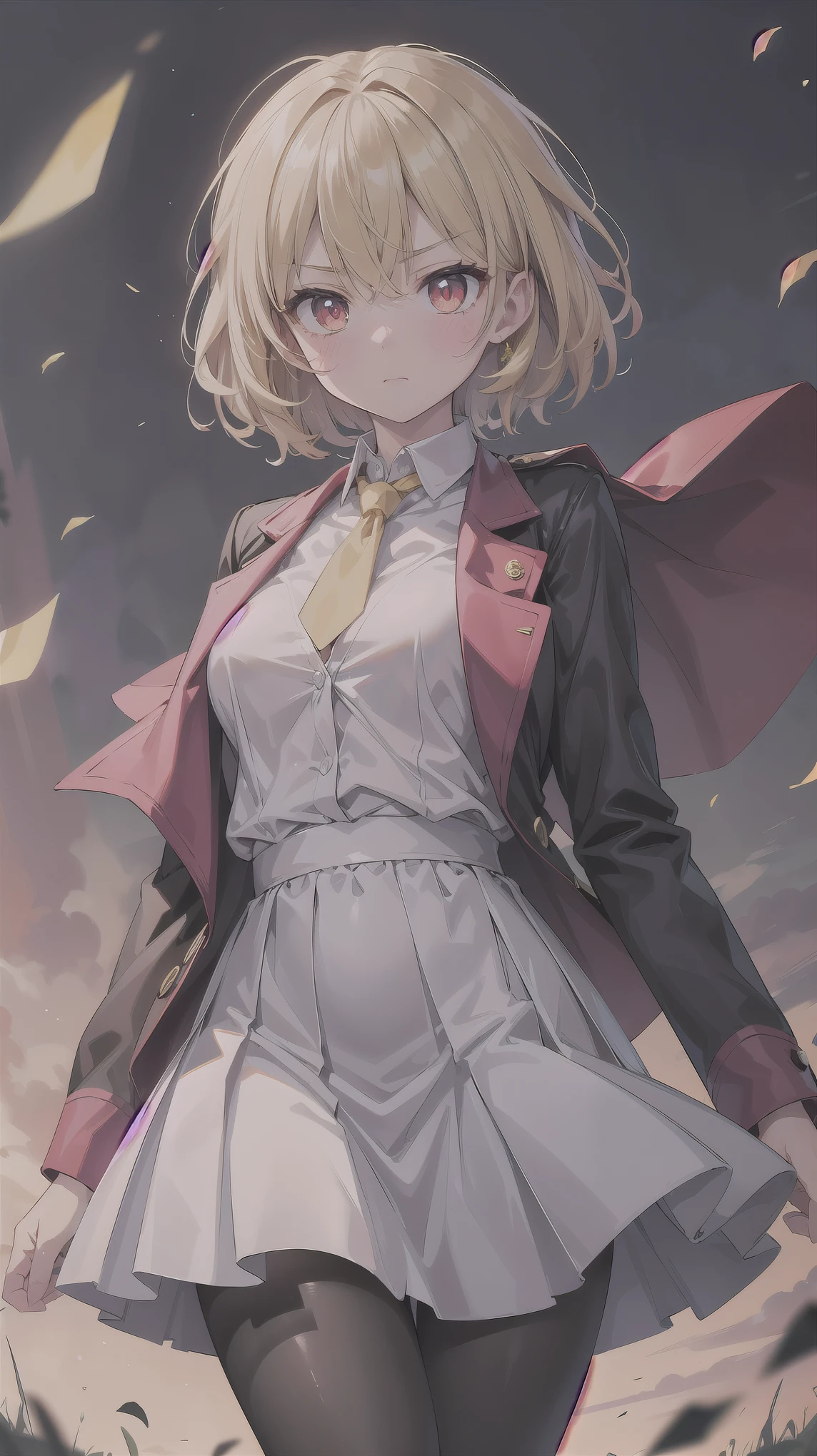 （（super high quality,Ultra-high resolution,16K,super masterpiece,Ultra HD ,Detailed shading,））One Woman,Shiny, light emerald-colored short hair with wavy, wind-blown hair,White dress shirt,Long sleeve,Yellow ruffled tie,（Unbuttoned red checked vest,A red checkered very long skirt blown up by the wind,）Black tights,Ruby glowing eyes,Vertical pupil,Very aggressive look,Sharp Eyes,I&#39;m worried,Embarrassing,blush,Looking at this,Leaning forward greatly,Holding a skirt with one's hand,a blue sky with clouds and sun,Sunflower field,