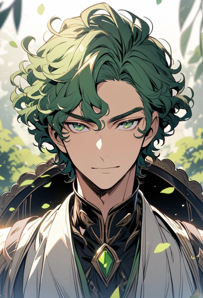 male, solo, handsome, curly hair, short hair, green hair, green eyes,  main face