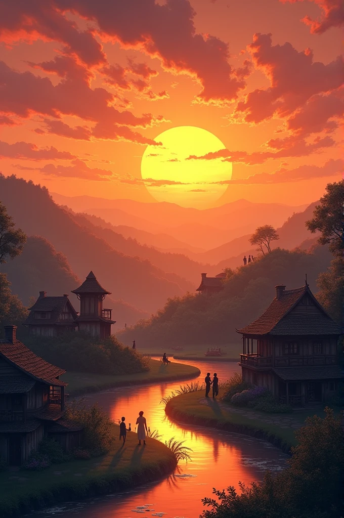 A sunset view in a village with orange sky
