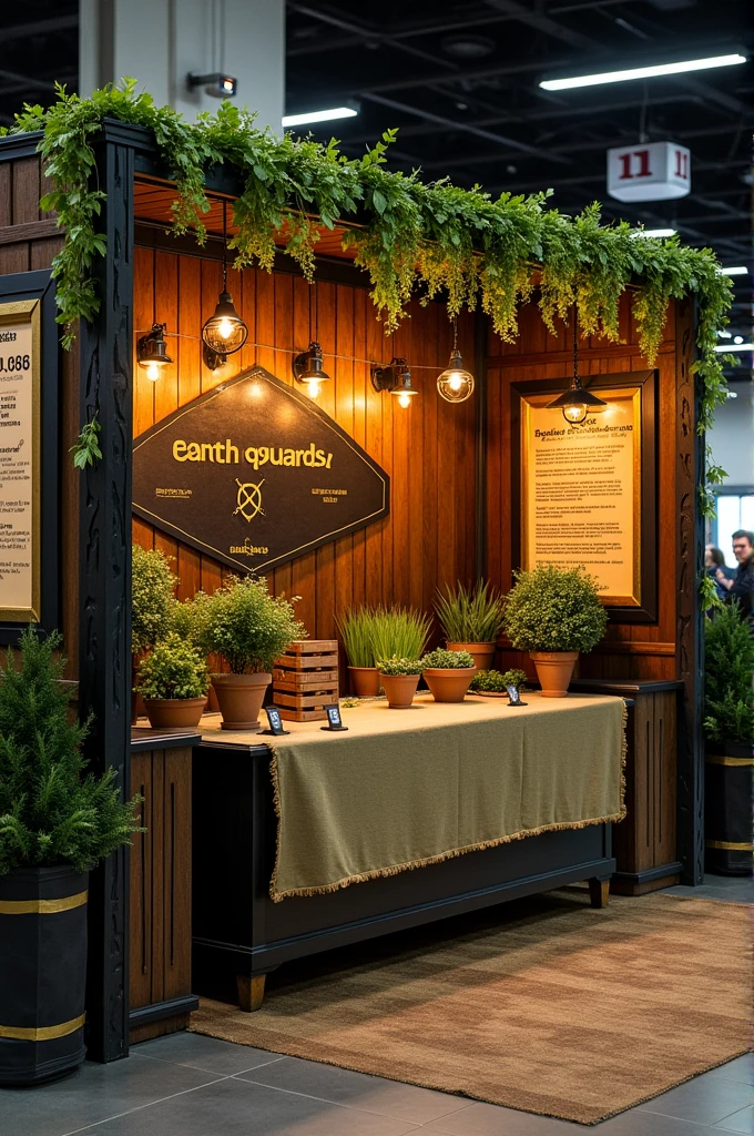 For the booth design, envision a setup that embodies the essence of Earthguards, inspired by Hunger Games' District 11. The backdrop would be constructed from wooden or recycled panels stained in rich, earthy browns with subtle black accents. The panels would be adorned with hanging plants, vines, and natural greenery, giving the booth a lush, orchard-like atmosphere. To reflect the agricultural theme, rustic wooden frames with golden trimmings could be used to display information about sustainable farming and District 11’s role in food production.
Incorporating the warrior element from Hunger Games, the booth’s side panels could have dark metallic embellishments that resemble shields or armor, subtly invoking the feeling of strength and resilience. The table, central to the booth, would be covered with a burlap or linen cloth in earthy tones like olive green or beige, with a touch of gold trimming along the edges for an elegant finish. Displaying natural elements like small wooden crates filled with crops or potted plants would symbolize the orchards and agriculture. To further engage attendees, a small interactive station where visitors could plant their own seeds would add a dynamic touch.
Warm, ambient lighting—possibly from string lights with a golden hue—would enhance the cozy, earthy feel of the space. The overall vibe would be natural and organic, but with subtle gold accents and black touches to maintain a strong, warrior-like aesthetic. Bold, black signage with gold outlines would proudly display "Earthguards," and a small District 11 emblem could be integrated into the design. The combination of these earthy tones with warrior-like elements would create a visually striking booth that feels both grounded and powerful.