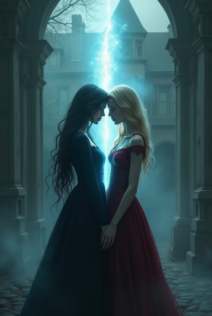 A fanfic cover with this idea Kara and Lena Side by Side: Kara is partially transformed, with one side of the face human and the other showing vampiric features. Lena is beside her, with a protective posture.light effects: A beam of supernatural light connects the two, suggesting a mystical connection or shared destiny.mystical background: The setting is an old castle or mansion, covered by fog, creating a gothic and mysterious feeling. A blue-eyed blonde and a green-eyed brunette in modern times