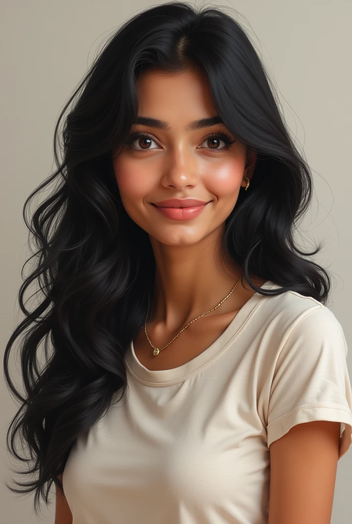 A detailed portrait of an 1 female indian 30 years old. She has a frame, a youthful glow to her complexion, expressive eyes filled with curiosity, and a dimpled smile. She has long black hair. She is wearing a comfortable stylis t shirt