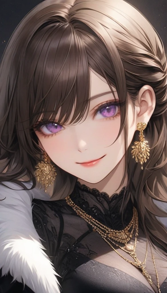 high resolution, Masterpiece, Anatomically correct, precise, qualityที่ดีที่สุด, quality, 1 woman, Age 25 years, long length hair, brown hair, purple eyes, Uneven hairstyles, big breasts, earring, Dark makeup, A thin smile., simple background, Close-up photography, decorations, Anime style, Wearing a black dress,luxurious,Wealth,millionaire,The body looks mature,เครื่องแต่งกายluxurious,fur coat, sexy.