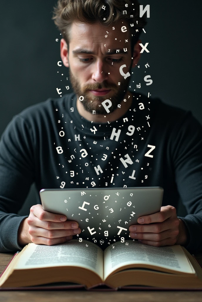 Simply a complex image with great meaning, letters falling on a computer keyboard digital on top of a book , man laptop on hand