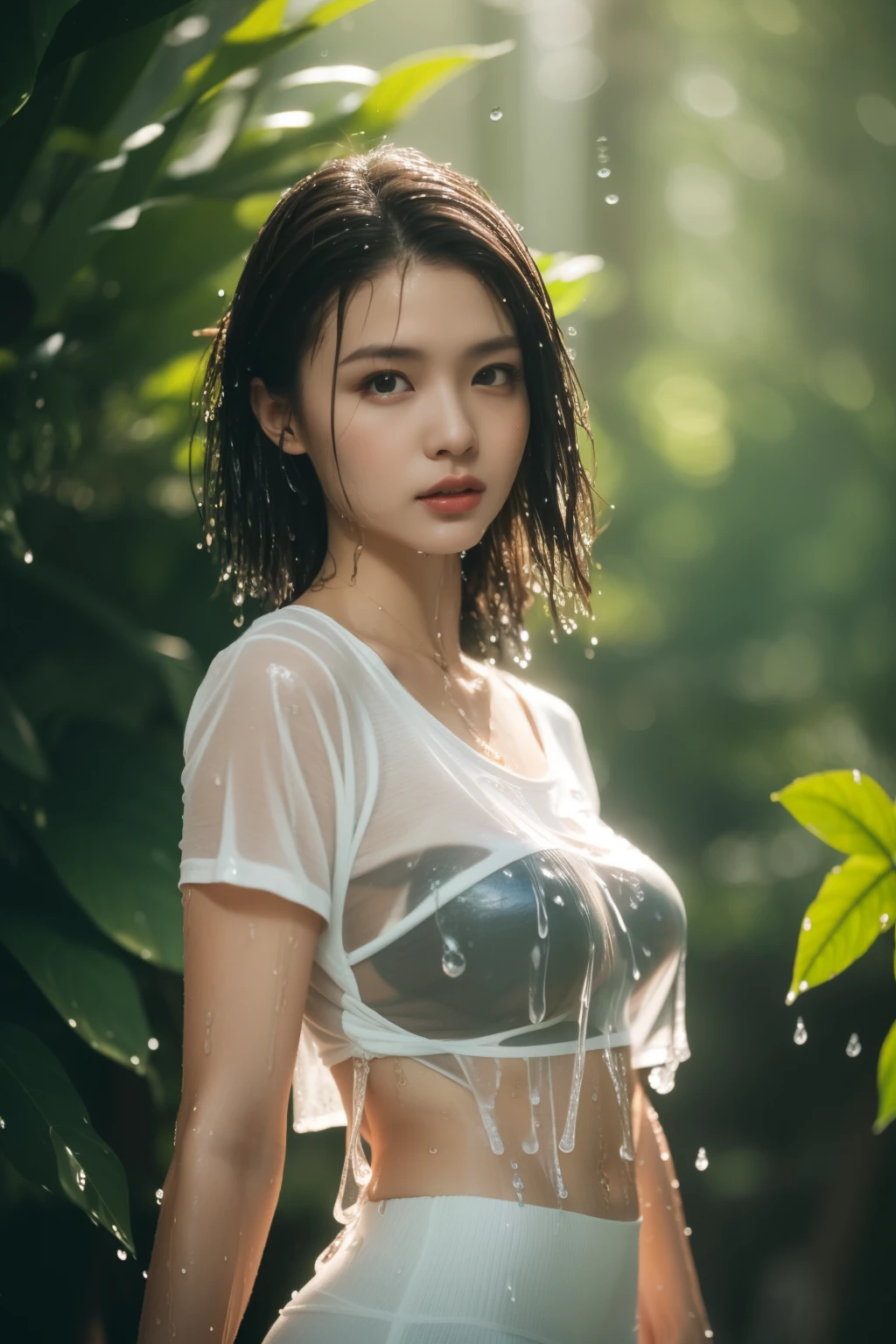 8k, Hi-res, HQ, masterpiece, photorealistic, A wide angle portrait of a japanese girl (posing under the waterfall:1.3, seen from forward, close up) and (hold up her breast), wearing  ((wet shirt:1.3) hijab:1.3), surrounded by a foggy atmosphere), alluring gaze, beautiful face, mesmerizing eyes, luscious lips, erotic pose, sensual looks, wet long shirt, soft skin, natural thin and droopy breasts with soft skin, exquisite details, captivating beauty, confidence, elegance and charm, all eyes on her, desirable, irresistible temptation, sultry mood, enticing allure, sizzling sensuality, enticing slim body, feminine grace, teasingly erotic, captivating posture, naughty innocence, forbidden desire, unrestrained passion, creamy complexion, inviting gaze, bewitching smile, curvaceous silhouette, perfect hand, playful imagination, intimate moment, photon mapping, natural lighting, cool color, aesthetic, unique, (facing forward:1.3)