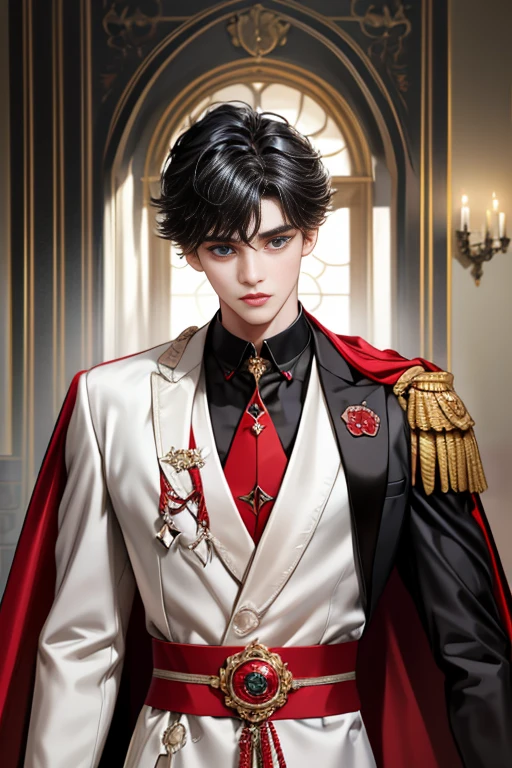 masterpiece, 最high quality, high quality, 1 boy, alone, Male focus, Upper Body,Watching the audience, Messy black hair, Adorable big blue eyes, White, Noble, Noble,A black and red cape that is bursting with sexy volume、Tuxedo、A very voluminous, large, very large, very large, long, long red and black cape with a high stand-up collar, made of a lot of fabric that reaches down to the floor., ,cute beautiful,Cute, cute, kind, handsome guy