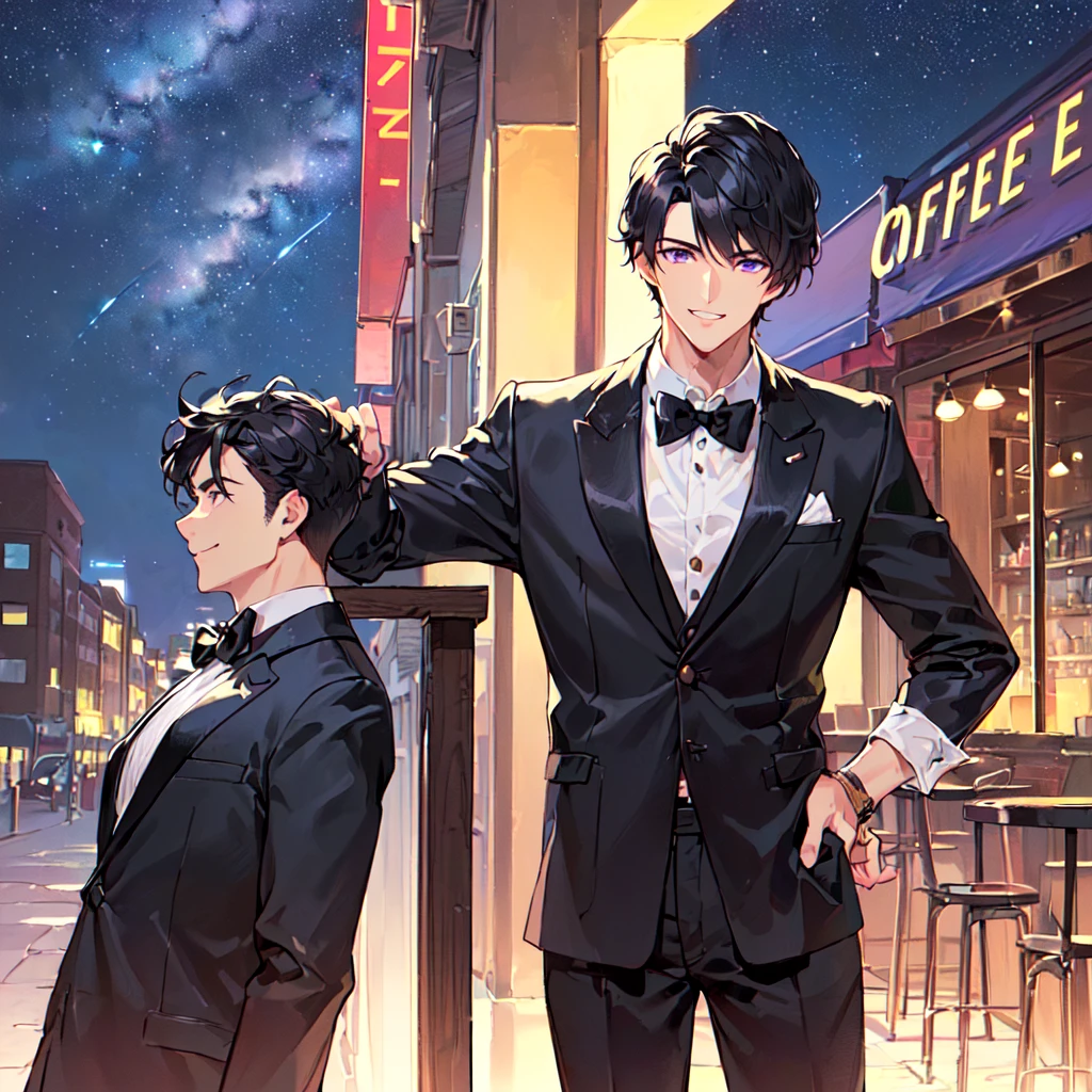 masterpiece,best quality,high quality,(1 male austere handsome solo adult age 30 years old:1.5), purple eyes, cool with suspended eyes, V-shaped eyebrows, body strong and fearless 8.5 head tall, height 185cm, (well-groomed black short hair:1.4), (bangs in three (hair parted in three parts:1.4), slender nose, facial muscles, throat, (coffee cafe costume black tie black pants:1.3), (serving:1.3), (stylish pose), (cool smile:1.3), (upper body:1.3),(background coffee cafe:1.3) , (Milky Way Night Sky:1.3)