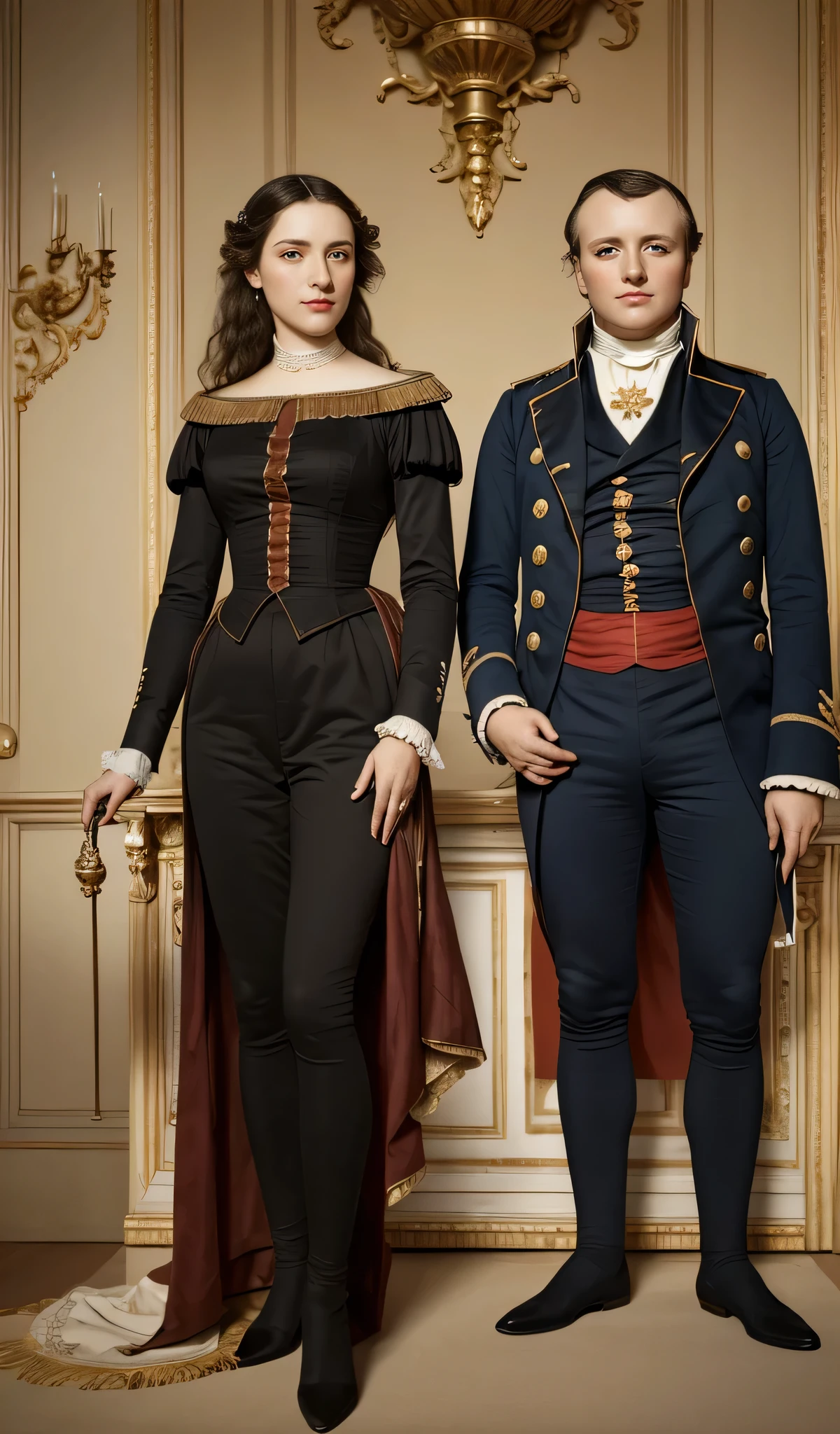 Josephine Beauharnais and her husband Bonaparte Napoleon, viewer's view, full-length photo, Realism, UHD, retina, masterpiece, accurate, anatomically correct, textured skin, super detail, high details, high quality, award winning, best quality, highres, 1080P
