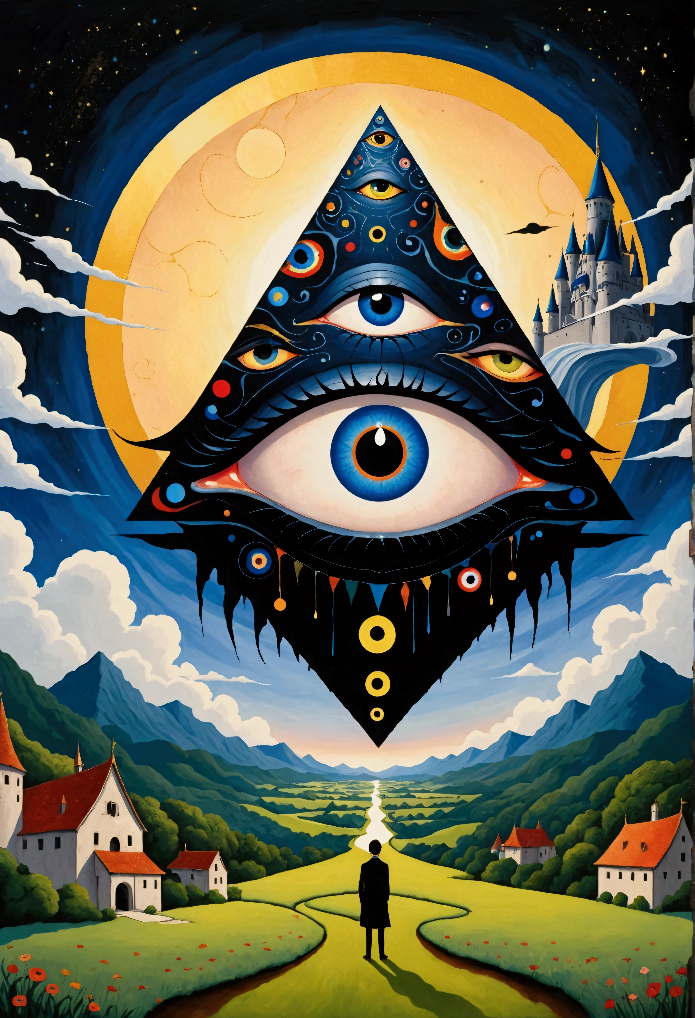 There is a big eye in the painting，There is a castle in the background, Surrealism inspired by Nagai Hiroshi, Winner of the Behance competition, Minimalism, Portrait of a mysterious giant eye, All-Seeing Eye, Third Eye Vision, Fred Tomaselli, Paul Lafley, Fantasy painting, Mysterious eyes, The Third Eye, Highly detailed fantasy art, Mysterious Eye