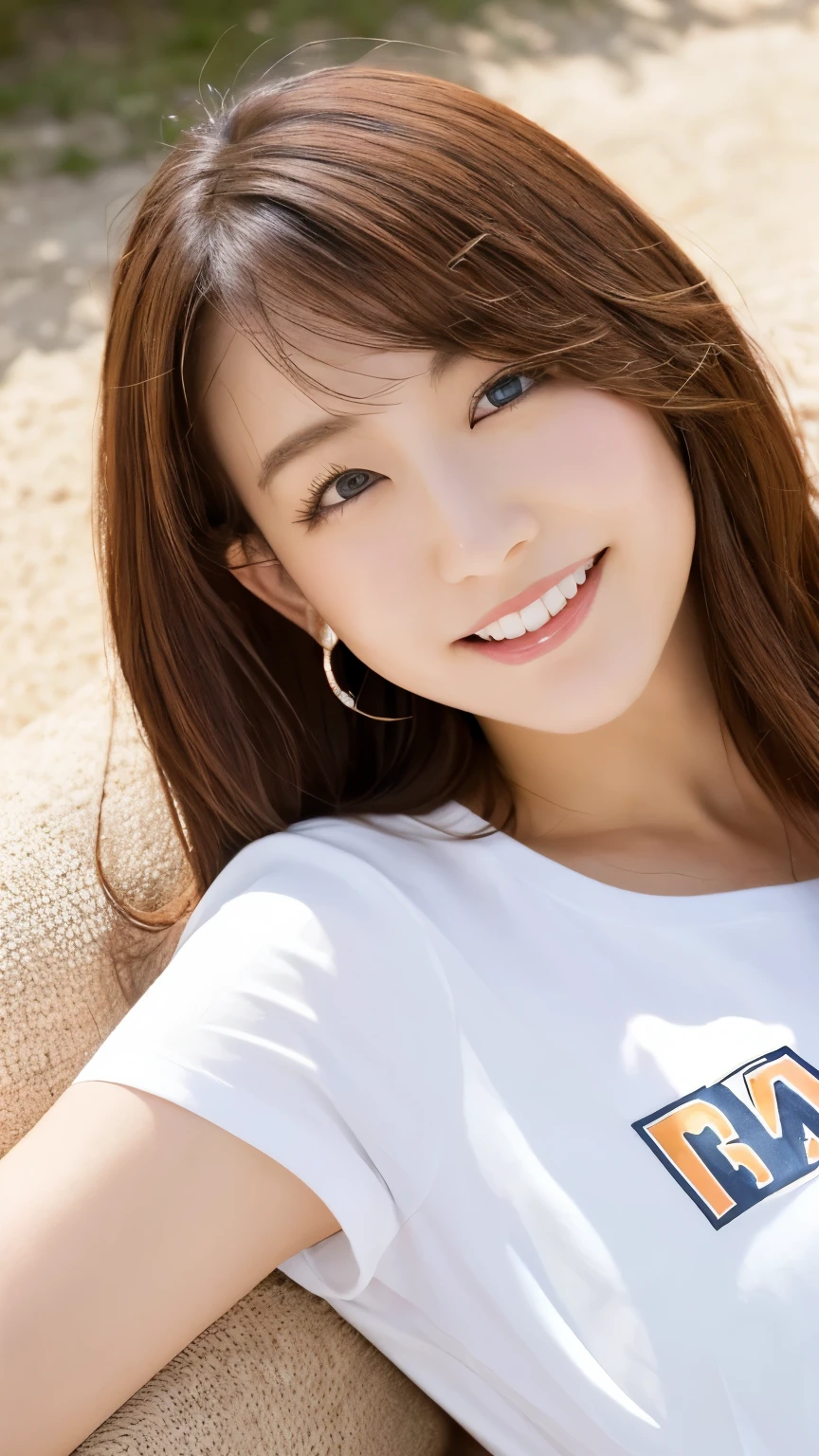 (Vibrant, High resolution:1.3), 1. Having a perfect body, Highly detailed face and eyes,Long Hair, big ,(White short T-shirt、thong,,,Brown Skin、Have sunburn marks、 Sexy Poses),Grin, Overhead shot lying on your back
