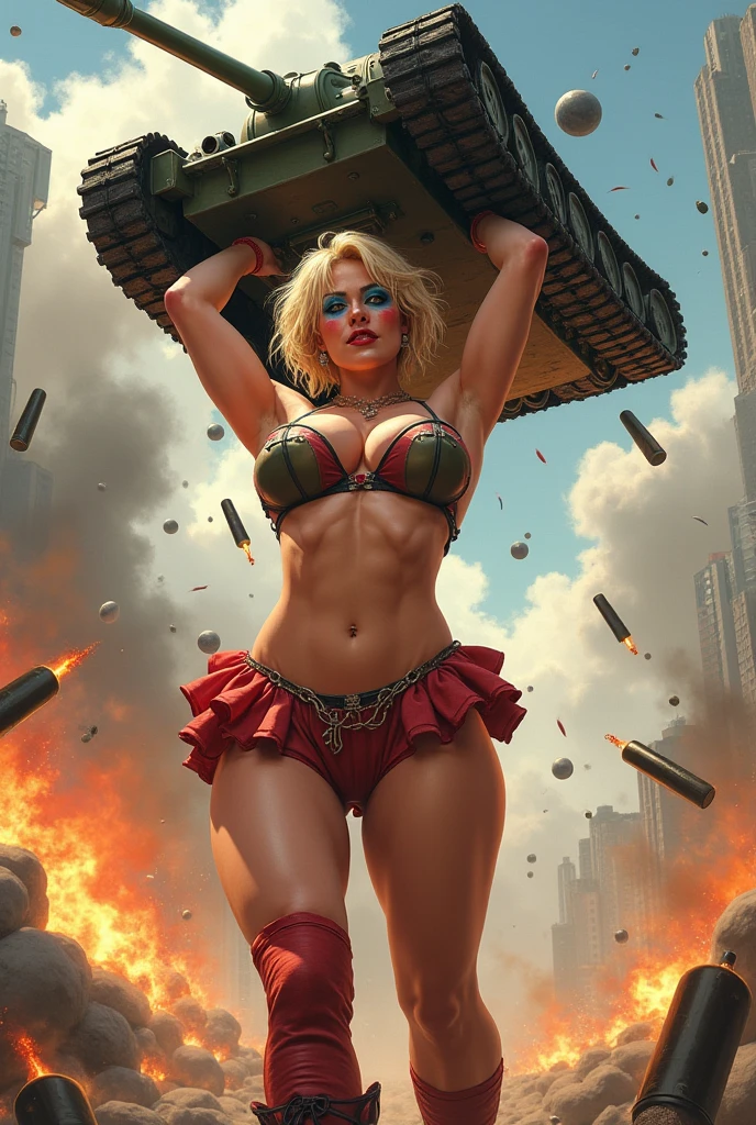 Beautiful smiling blonde girl painted like a clown short hair blue eyes BBW big boobs big butts high lingerie stockings boots muscled lifts a tank above her head with super strength while the projectiles and bombs thrown at her bounce off it 