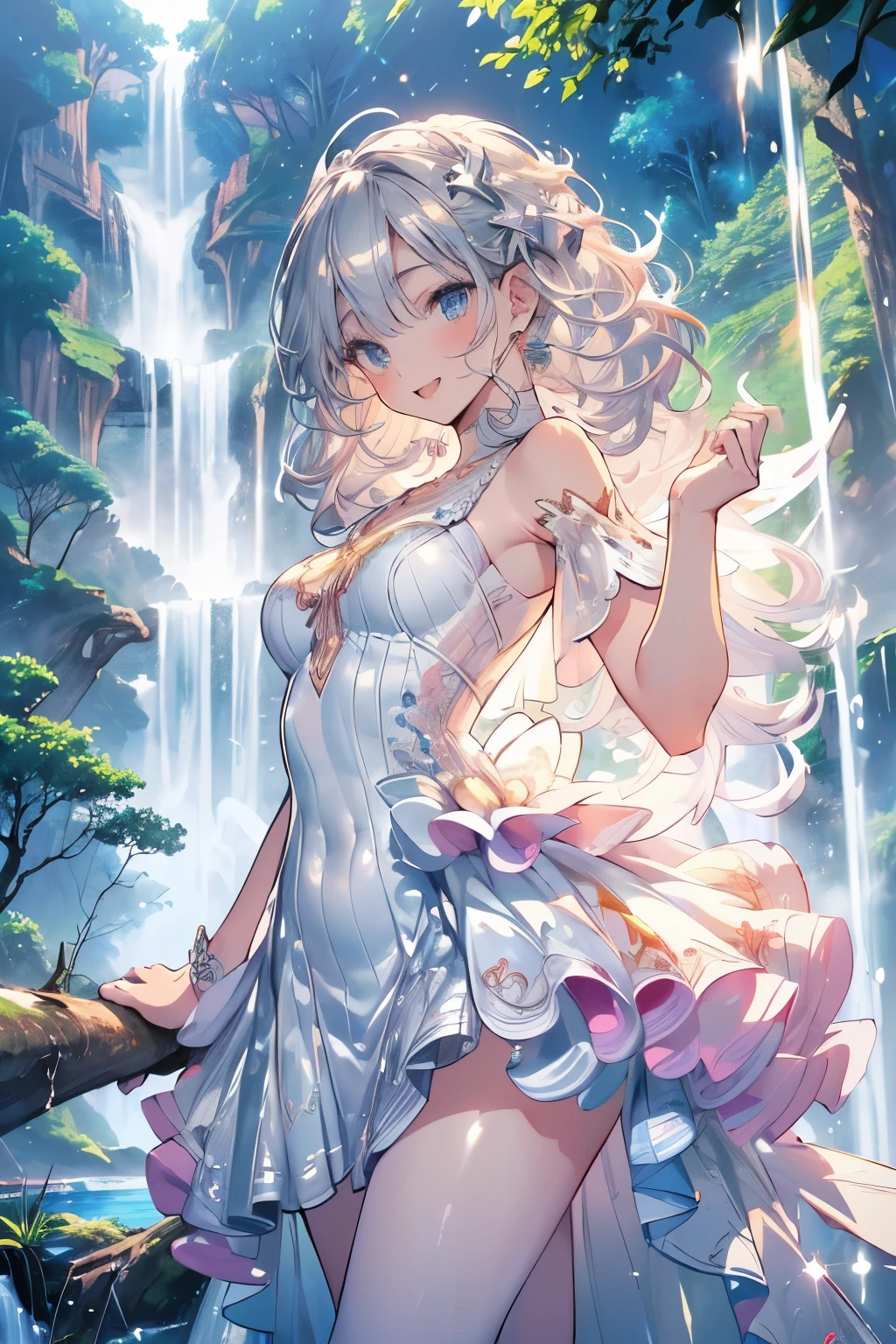 (Best quality,4K,8K,High resolution,Masterpiece:1.2),Super detailed,(Actual, Realistic),highly detailed, top quality, soft skin,Portrait,
break,
((clear blue eyes:1.2)),smiling eyes,beautiful eyelashes,beautiful lower eyelashes,
break,
((Beautiful and shiny silver hair:1.3)),A dazzling smile, a bursting smile, an open mouth laugh,
break,
very happily,
break,
((white dress with embroidery:1.3)),
break,
((ballet arabesque pose:1.3)),
break,
((fantastic forest and waterfall:1.3)),((bust shot)),zoom in,from below