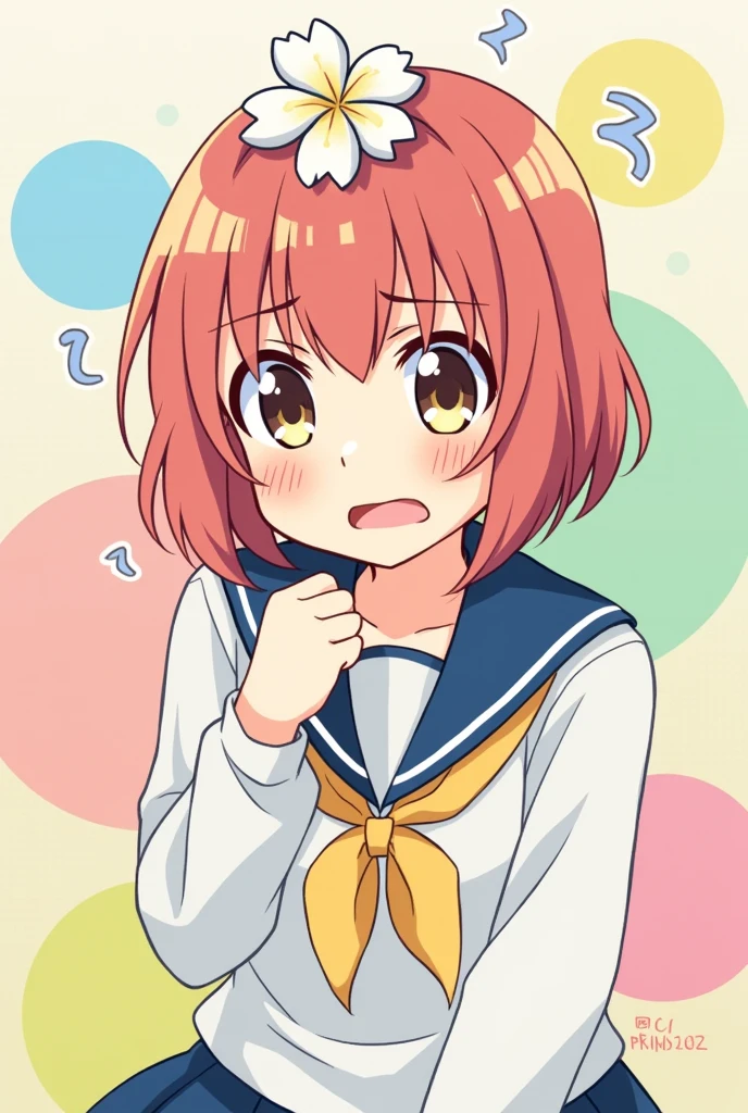 A fusion between Hitori Bocchi and Sunao Nako, both from the same anime in anime style, the character has to have the flower on her head like Hitori Bocchi.