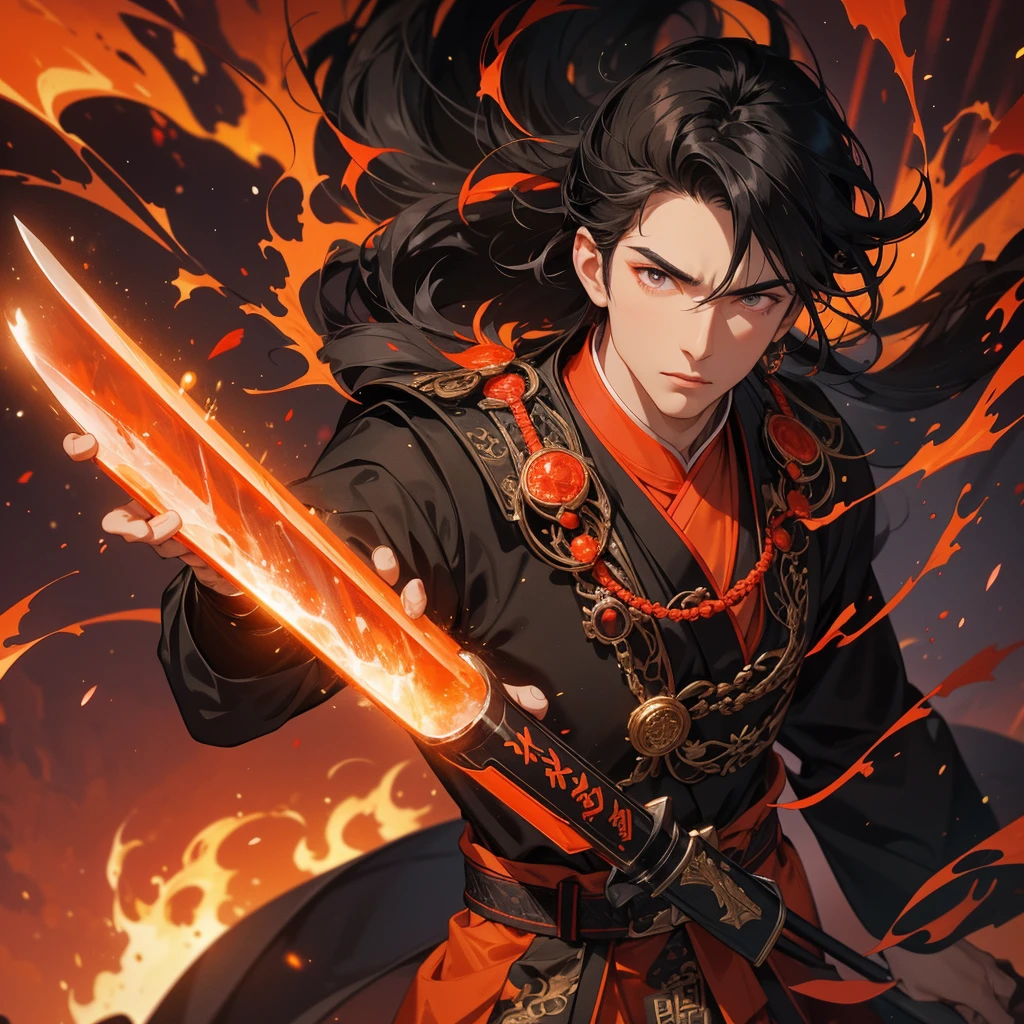 Handsome black-haired male general holding a large sword in black ancient Chinese costume, Surrounded by a volcano erupting, red and orange, surrounded by volcanic rocks, sunset, close up.